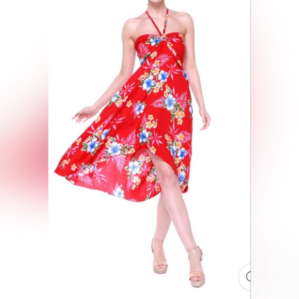 Hawaiian Hangover Strapless Red Floral Halter Sundress